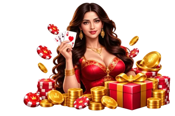 Teen Patti Master host with gift box, gold coins and chips